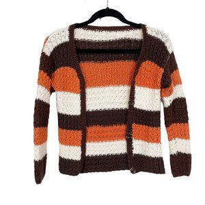 Hand Made Crocheted Size‎ S 1970's Orange White Brown Cropped Cardigan Sweater